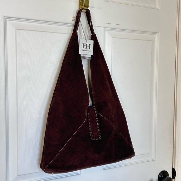 NWT Haute Hippie Genuine Suede Triangle Hobo Bag Rich Brown Color - Picture 3 of 9